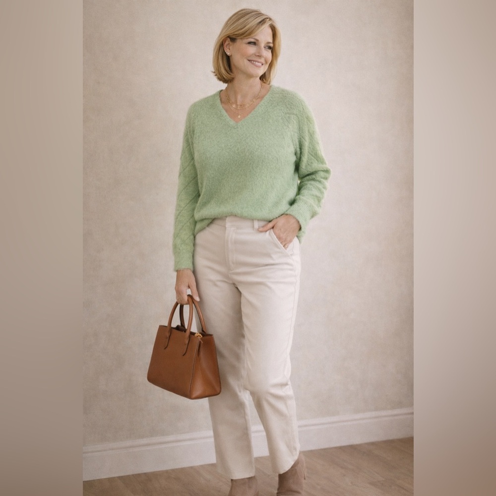 Etosell Fuzzy Knit Sweater Sage Green Long Sleeve V Neck Cozy Pullover Small‎